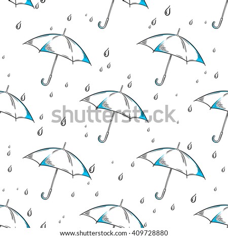 vector hand drawn umbrella and rain drops pattern.