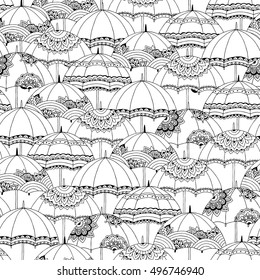 Vector hand drawn umbrellas illustration for adult coloring book. Freehand sketch for adult anti stress coloring book page with doodle and zentangle elements.