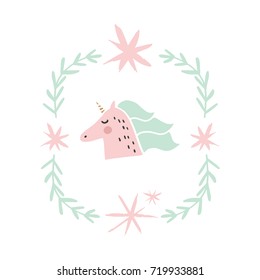 Vector hand drawn unicorn illustration, frame.