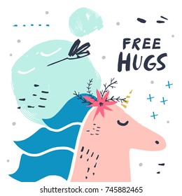 Vector hand drawn unicorn and inscription "Free hugs". Poster, label, postcard, sticker, print, illustration, element for design and other.
