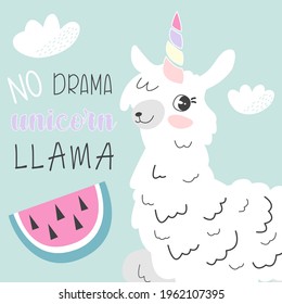 Vector. Hand drawn unicorn llama. Hand-drawn lettering unicorn. Cute design for t-shirt, poster, wall sticker.