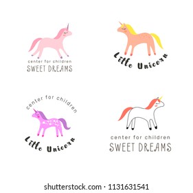 Vector hand drawn unicorn set illustration  for labels, logos and badges for  kids club, baby shop, toys shop and any other children's projects.