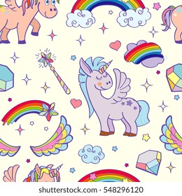 Vector hand drawn unicorns and magic seamless pattern