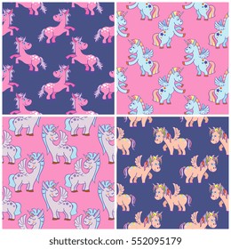 Vector hand drawn unicorns seamless patterns set. Illustration of pattern with fairy animals.