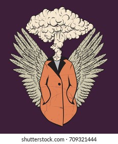 Vector hand drawn unique illustration of person with burst instead head and wings. Creative artwork. Template for card, poster, banner, print for t-shirt.