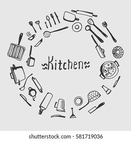 Vector hand drawn utensils placed around the kitchen word 