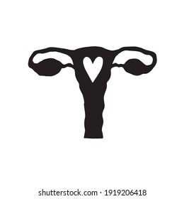 Silhouette de uterus dibujada a mano del vector con el corazón aislado en fondo blanco
