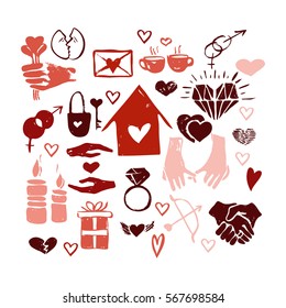 Vector hand drawn valentine icons set. Love, couple, home, relationship, holiday theme. Red isolated icons for polygraphy, web design, logo, app, UI.