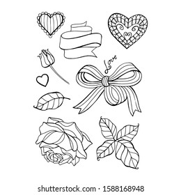 Vector hand drawn Valentines day design elements: hearts, flowers, ribbons. Isolated on white background.