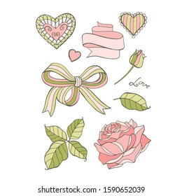 Vector hand drawn Valentines day design elements: hearts, flowers, ribbons. Isolated on white background