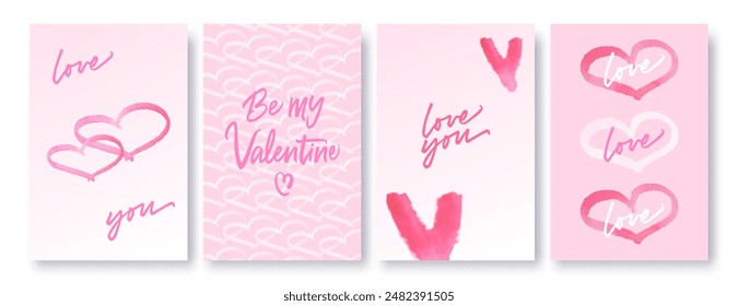 Vector hand drawn Valentine's Day set. Collection of templates with watercolor hearts. Covers, cards set in minimalistic style