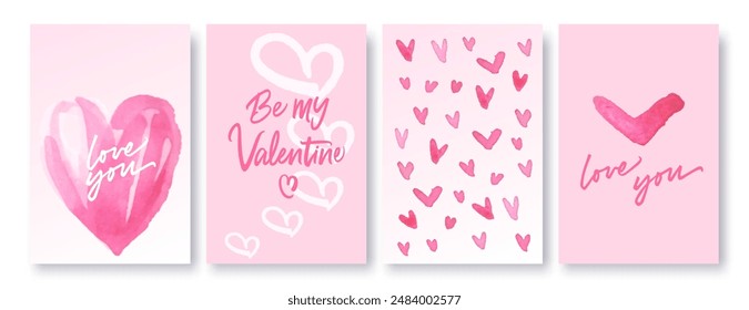 Vector dibujado a mano conjunto de San Valentín. Colección de Plantillas con corazones de acuarela. Cubiertas, tarjetas en estilo minimalista