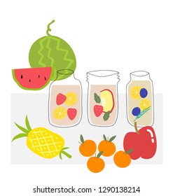 vector hand drawn various fruit infused water in clear jar surrounded by whole fruits 