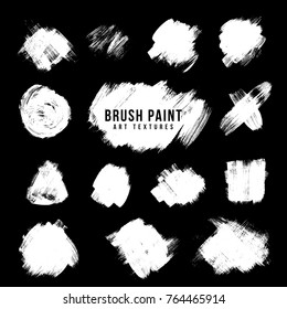 vector hand drawn various white monochrome paint brush strokes smears decorative dirty artistic realistic texture elements set isolated on black background
