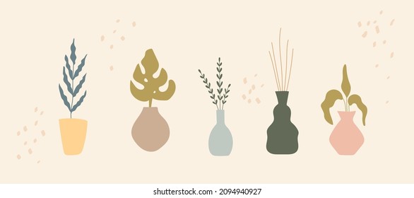 Vector Hand drawn vase with plants , pastel colors. Isolated elements for social media and poster