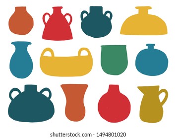 Vector hand drawn vases collection. Various forms and colored objects, isolated on white background.