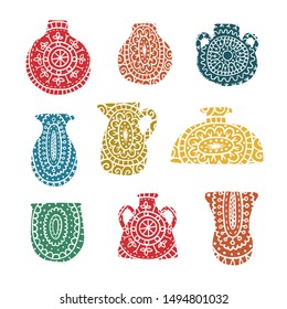 Vector hand drawn vases collection. Various forms and colored objects, isolated on white background.