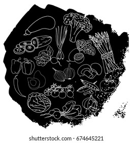 Vector hand drawn vegetables collection on a black background. Silhouettes of vegetables and fruits. Healthy food. Ingredients for cooking