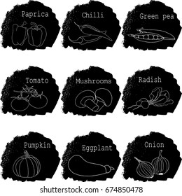 Vector hand drawn vegetables collection on a black background.Silhouettes of vegetables. Healthy food. Ingredients for cooking. Menu and posters design