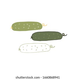 Vector hand drawn vegetables, cucumbers. Healthy nutrition, vegetarians, vegans. Farm fresh products for restaurant menu, market label, grocery store identity.
