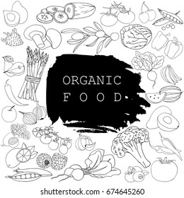 Vector hand drawn vegetables and fruits collection.Silhouettes of vegetables and fruits. Healthy food. Ingredients for cooking. Menu and posters design