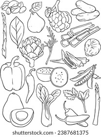 Iconos de verduras dibujadas a mano por vectores. Menú de restaurante de producto de granja de colección de estilo boceto, etiqueta de mercado. conjunto de vectores de línea