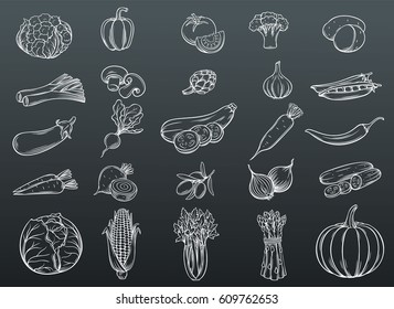 Vector hand drawn vegetables icons set. White on black. Decorative retro style collection farm product restaurant menu, market label.