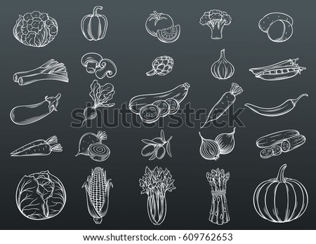 Vector hand drawn vegetables icons set. White on black. Decorative retro style collection farm product restaurant menu, market label.