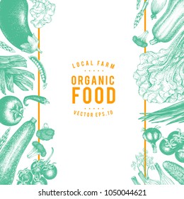 Vector hand drawn vegetables Illustration. Vintage style banner template. Retro organic farm food background. Can be use for menu, packaging, label, farm market.