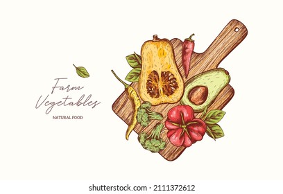 Vector hand drawn vegetables on a wooden board in vintage engraving style. Avocado, pumpkin, chili pepper, tomato, basil, broccoli. Growing food concept. Organic eco fresh vegetables. 