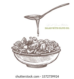 Vector Hand Drawn Vegetables Salad With Spoon Of Olive Oil. Greek Cuisine. Helthy Vegetarian Food Sketch Illustration. Tomatos, Greenery, Cucumbers, Paprika And Olives In The Bowl