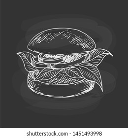 Vector hand drawn veggie burger on chalkboard in vintage style. Illustration for fastfood cafe menu, banner, poster. Vector. eps 10