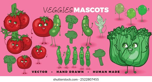 Vector hand drawn veggies mascots, perfect for both online and print projects. Ideal for menus, banners, and social media, it adds a creative and funny touch to your graphics or branding.