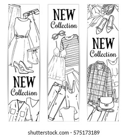 Vector hand drawn vertical banners set with female clothes. Spring-summer fashion collection. Sketch black and white background for fashion shop.