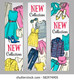 Vector hand drawn vertical banners set with women's clothing. Spring-summer new fashion collection background. Sketchy style concepts for web and graphic design.