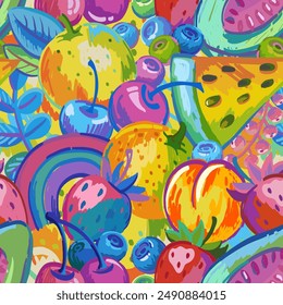 Vector hand drawn vibrant fruits seamless pattern. Illustrations of bright exotic tropical fruits, plants, flowers and berries in the style of expressionism