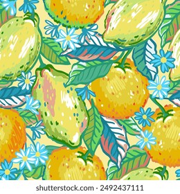 Vector dibujado a mano vibrantes frutas sin patrón. Ilustraciones de cítricos brillantes, naranjas, flores y limones al estilo del expresionismo