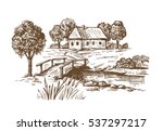 vector hand drawn village houses sketch and nature
