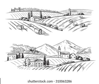 Vector Hand Drawn Village Houses Sketch And Nature