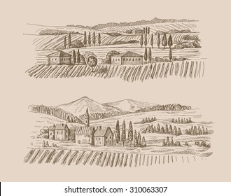 vector hand drawn village houses sketch and nature