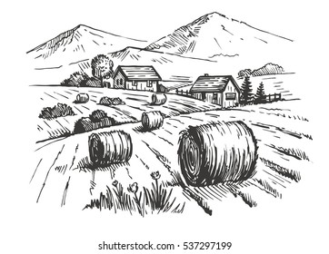 vector hand drawn village houses sketch   nature