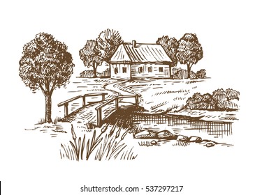 vector hand drawn village houses sketch and nature