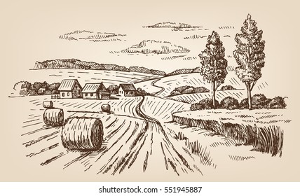 vector hand drawn village houses sketch and nature