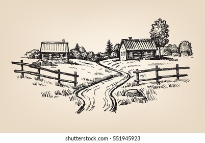 Vector Hand Drawn Village Houses Sketch And Nature