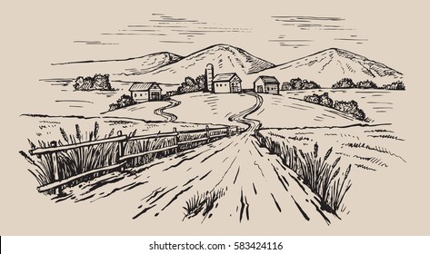 vector hand drawn village houses sketch and nature