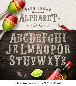 Vector hand drawn vintage alphabet. Old Mexican signboard style font