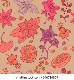 vector hand drawn vintage background, seamless pattern with tea herbs and condiments