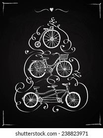 Vector hand drawn vintage bicycle set  with calligraphy on blackboard background. Postcard  illustration. Editable isolated objects.