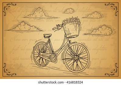 Vector hand drawn vintage bicycle with basket of flowers. Old bicycle engraving illustration. Typographical Retro Style card.