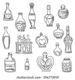 Vector hand drawn vintage bottles set. 